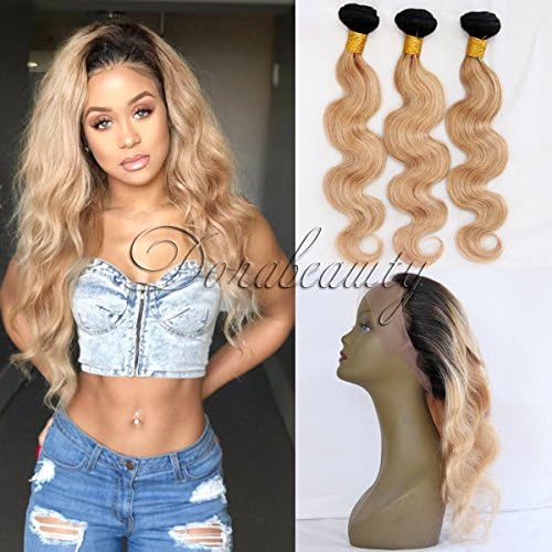 DoraBeauty Dark Roots Honey Blonde 2 Bundles with 360 Lace Frontal Pre Plucked #1B/27 Body Wave 10"Frontal+12"14"Bundles 22.542 360 Lace Frontal Wig