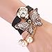 BESSKY Women Faux Pearls Rhinestone Butterfly Bracelet Quartz Analog Watch Black