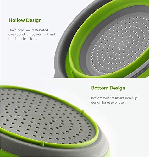 2 Pack Kitchen Foldable Silicone Strainer Colanders, Collapsible Colanders with Handles, Space-Saver Folding Strainer Colander for Draining Pasta, Vegetable (Green and Red)