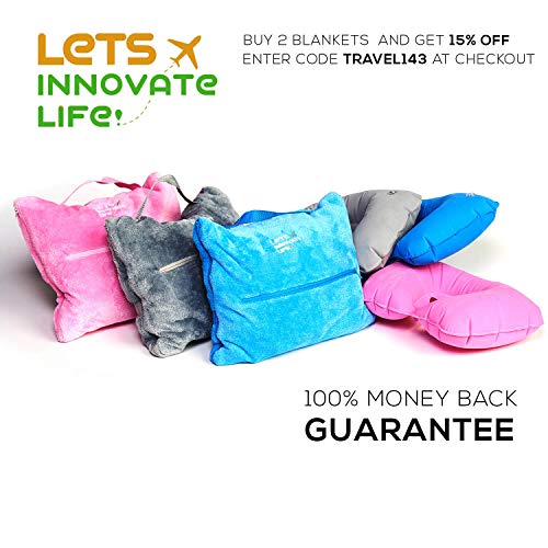 4 in 1 Travel Blanket - Lightweight, Warm and Portable. The Latest Small Compact Airplane Blankets & Pillow Set. Made of Warm Plush, 2 Practical Mesh Pockets with Fashionable Carry & Luggage Straps - Thumbnail 6