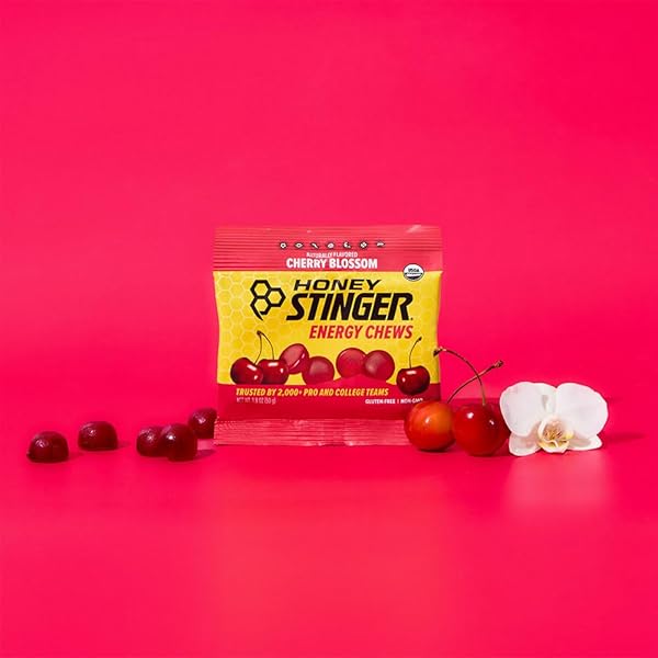 HONEY STINGER ORGANIC CHERRY BLOSSOM ENERGY CHEW, GLUTEN FREE & CAFFEINE FREE, FOR EXERCISE, RUNNING AND PERFORMANCE, SPORTS NUTRITION FOR HOME & GYM, PRE AND MID WORKOUT, 21.6 OUNCES (PACK OF 12)