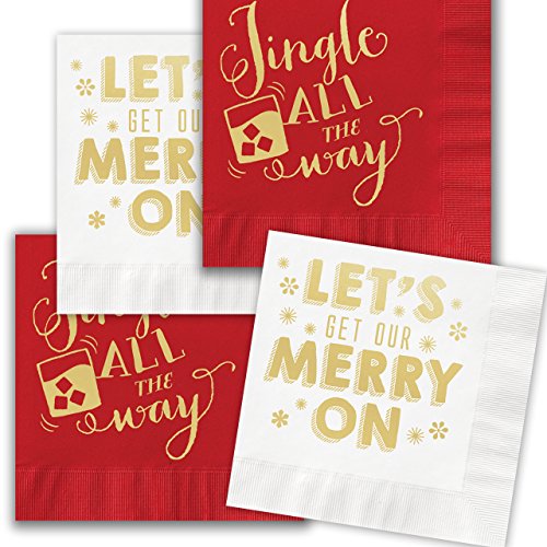 Merry & Jingle Holiday Combo Pack Beverage Cocktail Napkins - 40 Foil Printed Paper Napkins