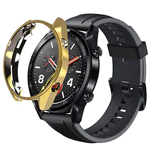 Cywulin for Huawei Watch GT Protective Case Cover Soft TPU Silicone Bumper Armor Rugged Ultra Slim Plated Frame Film Shock Proof Scratch Resistant for Huawei Watch GT Classic/Sport (Gold)