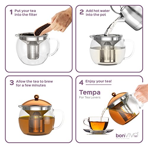 bonVIVO Teapot Tempa Teebereiter Mit Herausnehmbarem Edelstahl-Sieb, 1,5 Liter Kupfer-Chrom kanne Aus Borosilikat, Hitzebeständig, Mit Deckel In Kupfer-Chrom-Look, Tea Infuser – Bild 5