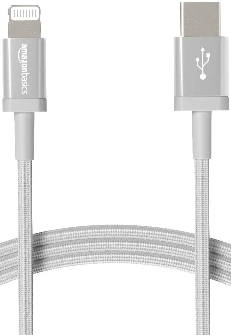 Photo 1 of Amazon Basics USB-C to Lightning Charger Cable, Nylon Braided Cord, MFi Certified Charger for Apple iPhone 14 13 12 11 X Xs Pro, Pro Max, Plus, iPad, 6 foot, Silver