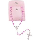YQZIYOU Rosary Beads Catholic for Women - Confirmation Gifts for Teenage Girl, Plum Blossom Bead Artificial Pearl Rosary Beads with Pink Velvet Pouch