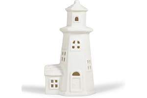 Luxstyra White Ceramic Christmas Houses Lighthouse Lamp, Small Figurines for Ceramic Christmas Village,Light Up Xmas Houses with Timer, Xmas Lighthouse Decoration for Table Bookshelf Desk