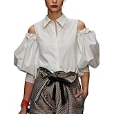 UOOZEE Women's Cut Out Cold Shoulder Cotton Summer Tops Button Down Lapel V Neck Puff Sleeve Blouses Shirts
