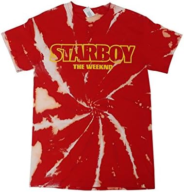Starboy The Weeknd T-Shirt, Red Bleached Tie-Dye, XO The Weeknd, Starboy (Yellow Print) (Medium)