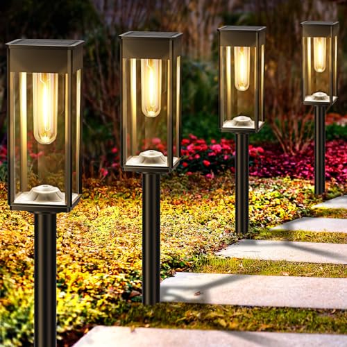Solar Lights Outdoor 4-Pack With Motion Sensor – 2700K Warm Glow, IP67 Waterproof Solar Pathway Lights For Yard, Walkway & Driveway