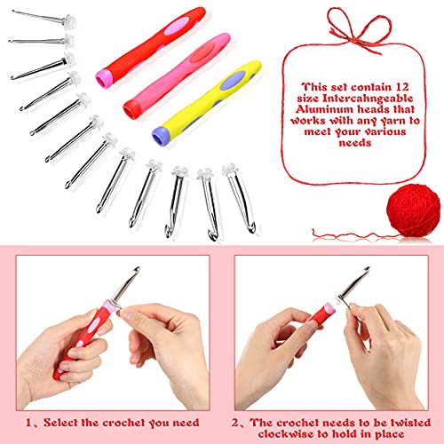 12 Sizes Crochet Hooks Set Interchangeable Crochet Hook Set, 3 Pieces Silicone Handle Crochet