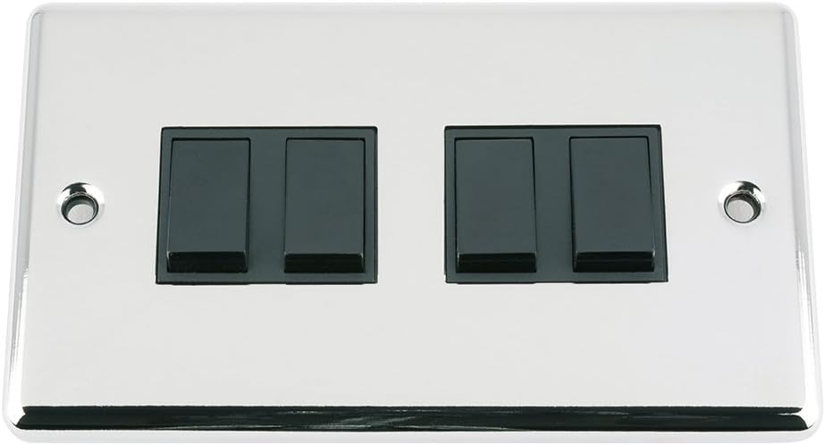 Light Switch 4 Gang - Polished Chrome - Classic - Black Insert Plastic Switch - 10 Amp Quad 4 Gang 2 Way, Medium