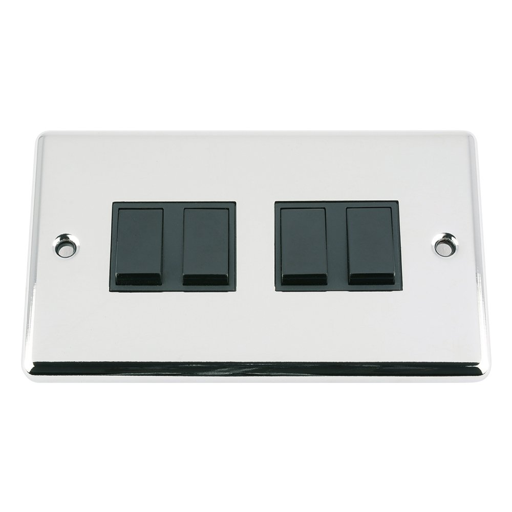 Light Switch 4 Gang - Polished Chrome - Classic - Black Insert Plastic Switch - 10 Amp Quad 4 Gang 2 Way
