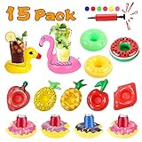 15 Pack Inflatable Drink Holders for Pool Inflatable Beverage Cup Coasters Summer Water Fun Party Favors Pineapple Flamingo Float Drink Holder for Baby Kids Toddlers Teens Adults with Free Air Pump