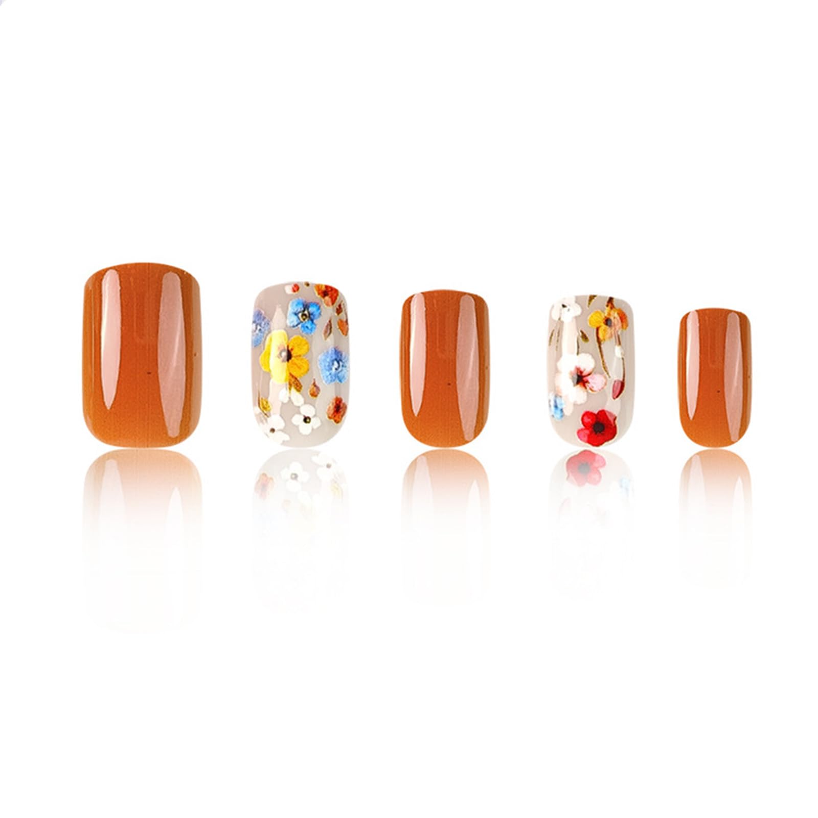 Flower Press on Nails Short Square Spring Nails Press ons Medium Orange Fake Nails with Floral Design Glue on Nails Glossy Floral False Nails Full Cover Acrylic Stick on Nails for Women Girls 24Pcs - Image 2