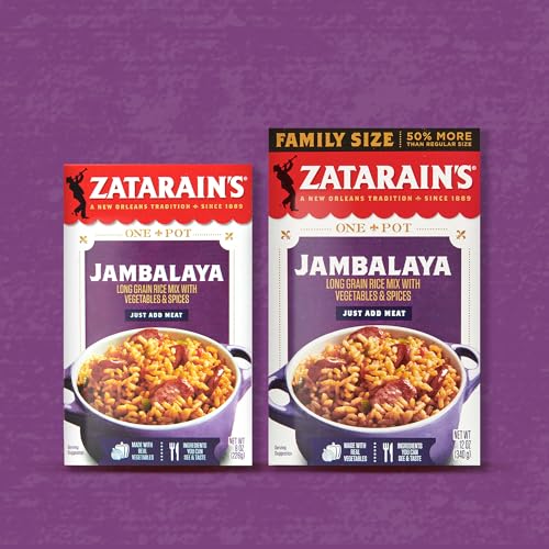 ZATARAIN’S RICE MIX, JAMBALAYA, FAMILY SIZE, LONG GRAIN RICE WITH ONIONS, BELL PEPPERS, GARLIC, PAPRIKA, AND RED PEPPERS, JUST ADD MEAT FOR EASY-PREP, NEW ORLEANS STYLE RICE MEAL, 12 OZ