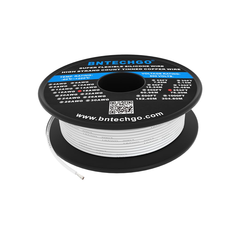 BNTECHGO 18 Gauge Silicone Wire Spool 250 ft White Flexible 18 AWG Stranded Tinned Copper Wire — image 1