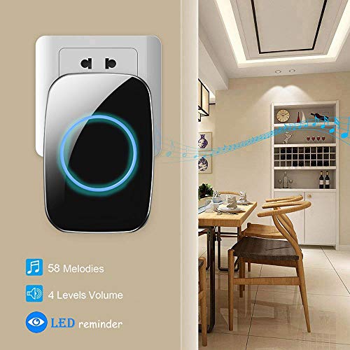 Wireless Doorbell, FullHouse Waterproof Door Chime Kit Includes Push Button Transmitter and Plug-In Receiver, Over 1000 feet Range, CD Quality Sound and LED Flash (2 Transmitter + 3 Receiver Black) - Thumbnail 4