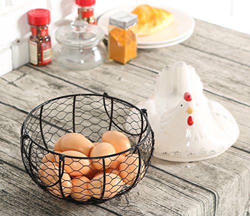 Black Metal Mesh Wire Egg Storage Basket with White Ceramic Farm Chicken Top and Handles