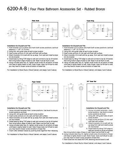 MODONA Four Piece Bathroom Accessories Set, Includes 24" Towel Bar, Robe Hook, Towel Ring, and Toilet Paper Holder - Rubbed Bronze - Viola Series - 5 Year Warrantee