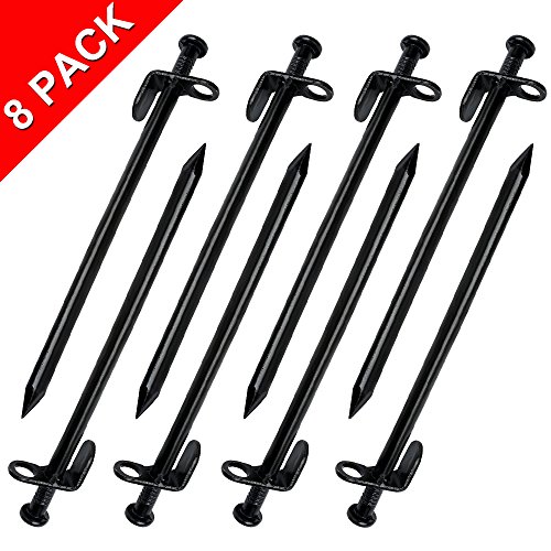 EXPLOMOS Tent Stakes, Heavy-Duty Steel Solid Tent Stakes Pegs for Outdoors Mountain-Climbing/Camping Hiking with Metal Stopper (Pack of 8, 11.8", Black)