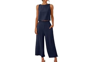 Aboser Linen Set for Women Summer 2 Piece Outfits Sleeveless Tank Crop Top Wide Leg Pants Lounge Matching Sets with Pockets