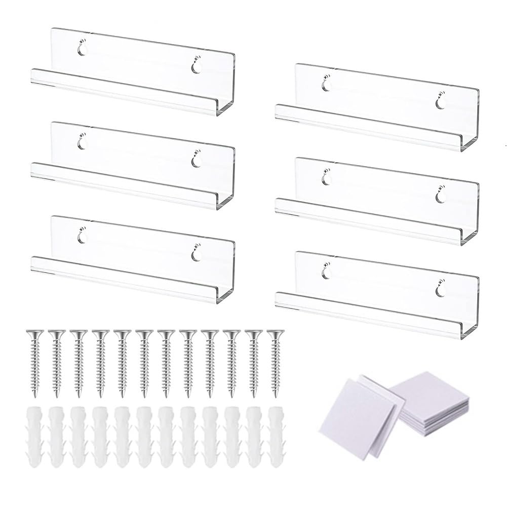 Povxlum Acrylic Vinyl Record Display Rack 6 Pack, Transparent, 7 Inch, Minimalist Floating Shelf for CDs, Blu-ray, Video Stores, Cafes, Bars