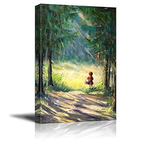 Canvas Prints Wall Art - Little Red Riding Hood Walking in The Forest/Woods Fairy Tale in Oil Painting Style - 12" x 18"