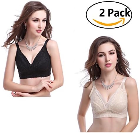Sneeyid Women's Sexy Push up Deep V Adjustable Lace Bra Plus Size 32A-40DDD(2pcs)