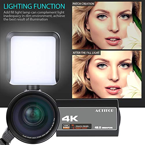ACTITOP-Videocmara-4K-48-MP-Full-HD-1080p-WiFi-IR-visin-Nocturna-16X-Zoom-Digital-videocmara-con-micrfono-Externo-Lente-Gran-Angular-luz-de-vdeo-LED-y-Bolsa-de-cmara