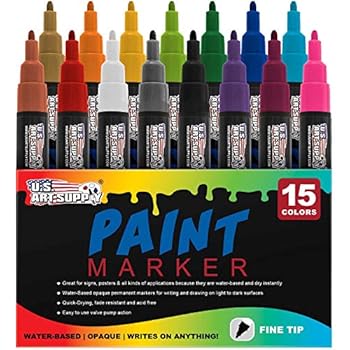 Water Based Premium Paint Pen Markers from U.S. Art Supply - 15 Color Set of Fine Point Tips - Permanent Ink - Works on Most Surfaces Glass, Wood, Metal, Rubber, Rocks, Stone, Arts & Crafts