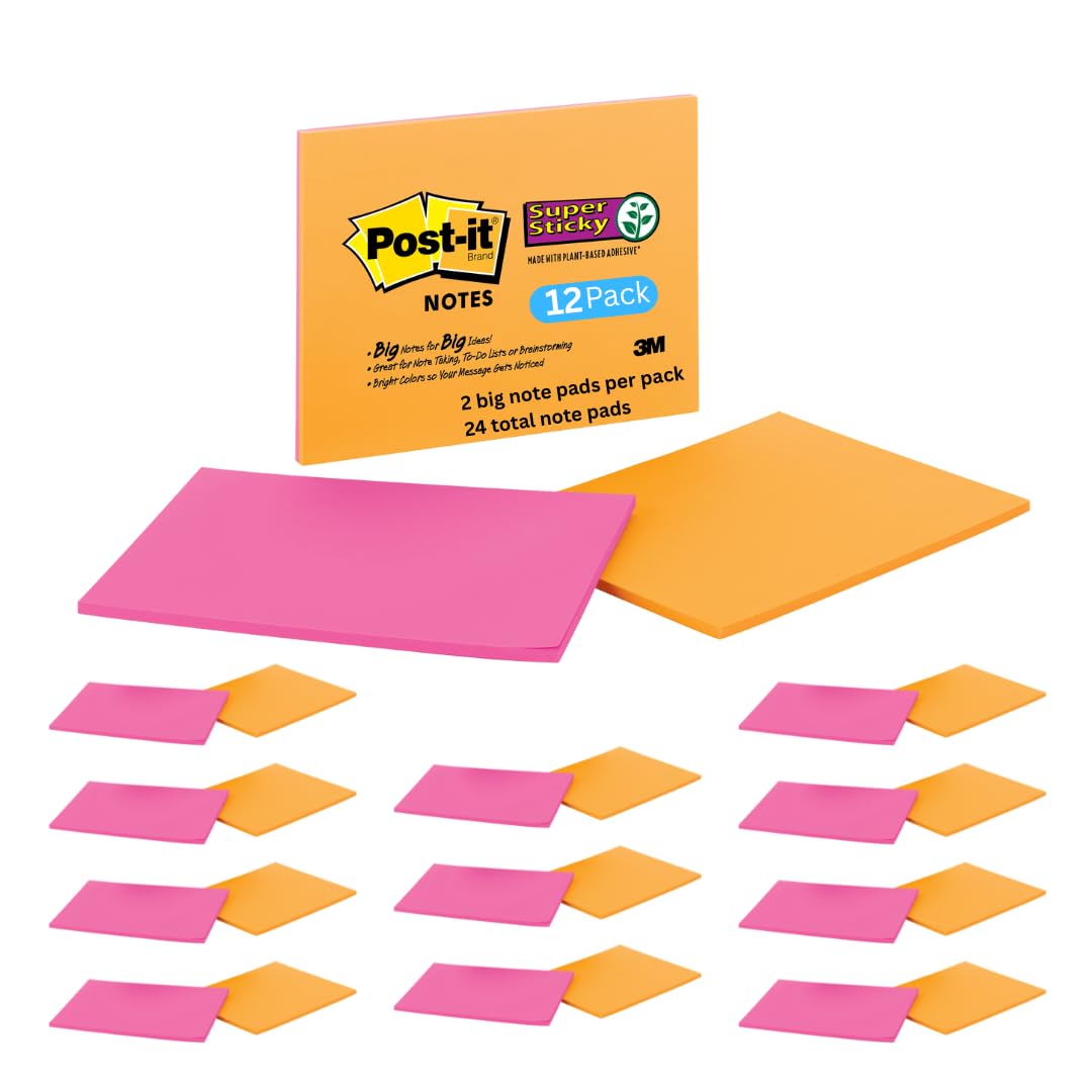 Post-it Super Sticky Notes, 8x6 in, 4 Pads, 2X The Sticking Power, Energy Boost Collection, Bright Colors, Recyclable (6845-SSP), 12 Pack Image