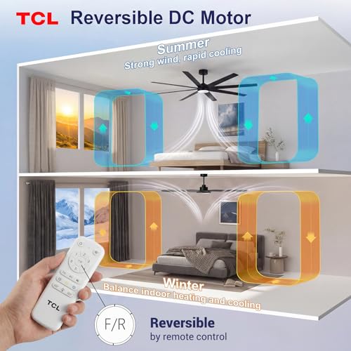 TCL 72 Inch Large Ceiling Fans with Lights and Remote, Quiet Modern Ceiling Fan, 3 CCT Dimmable Remember LED Reversible 8 Dual Side Blades for Living Room Patio Garage Indoor/Outdoor (black, 72)