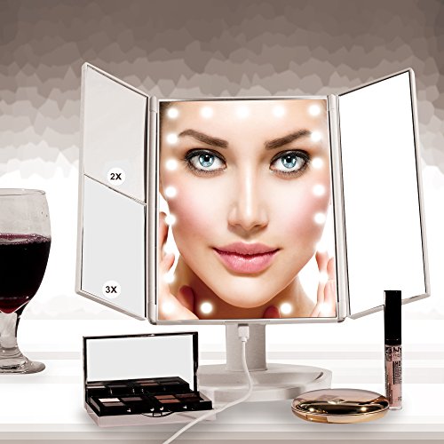 Makeup Mirror, LED Vanity Mirror with 21 LED Lights – 3X/2X Magnifying Tri-Fold Countertop Cosmetic Mirror for Bedroom, Bathroom. Portable Design, Touch Screen and 180° Adjustable Rotation - Thumbnail 3