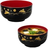 JapanBargain, 2-Pack Japanese Lacquer Soup Bowls, Bunny &amp; Moon Pattern, Black/Red Donburi Rice &amp; Miso Bowls, 2 Pack, 5-Inch, Made in Japan