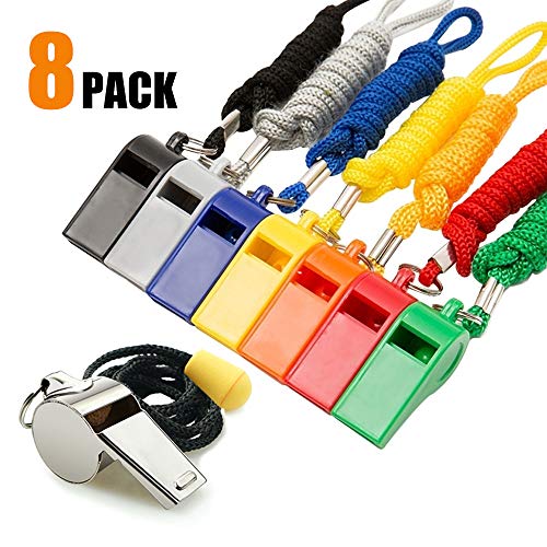 Hipat Whistle with Lanyard, 8 Packs Sports Whistles Bulk, 7pcs Plastic Whistle and 1pcs Stainless Steel Whistle, Loud Crisp Sound Whistle Ideal for Coaches, Referees and Lifeguards