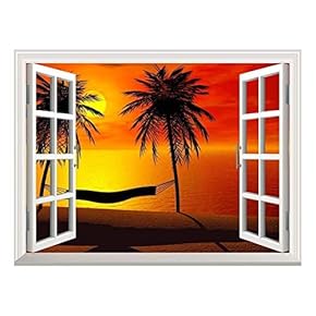 Removable Wall Sticker/Wall Mural - Silhoutte of a Hammock Between Two Palm Trees in Sunset | Creative Window View Home Decor/Wall Decor - 24"x32"