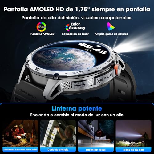 Reloj Inteligente Hombre 1,75" AMOLED 730mAh 110+ Modos Deportivos, Reloj Militar Hombre Pulsómetro/Sueño/Podómetro/IP68 Impermeable, Smartwatch con LED Linterna para Android iOS (Llamadas Bluetooth)