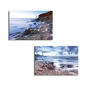 Beautiful sea Beach with Lighthouse and Clear Sky at The Sunset - Canvas Art Wall Art - 16"x24" x 2 Panels