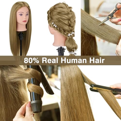 Neverland 28 Inch Professional Hairdressing Head, 80% Human Hair, Cosmetology Mannequin Doll for Salon with Stand + Hairdressing Tools Accessories Set (Blonde)