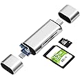 SD/Micro SD Memory Card Reader, BorlterClamp 3 in 1 Memory Card Reader with USB C Micro-USB OTG Adapter Compatible with PC, Laptop, MacBook, Tablet, Smartphone (Silver)