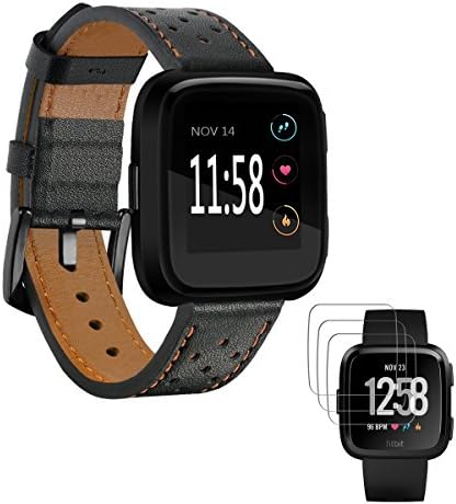 Juo Black Band for Fitbit Versa with 3 Pack Tempered Glass Screen Protector (Leather)