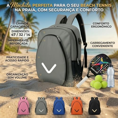 Mochila Raqueteira Bolsa Beach Tennis Tênis Squash Impermeável Esportiva Poliéster Reforçada 47x32x14cm Com Compartimentos Para Raquete Bolas E Acessórios