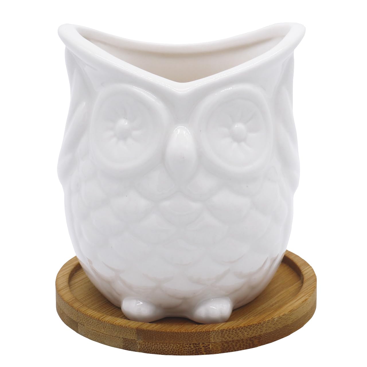 Ceramic Owl Succulent Planter Pot with Drainage Tray, Cute Animal Cactus Flower Container, White Bonsai Holder for Indoor Plants