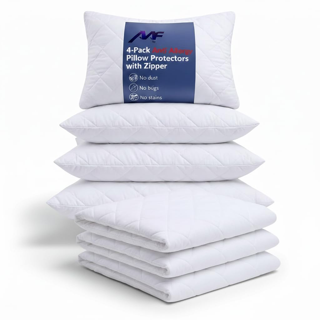 Quilted Pillow Protectors 4 Pack – Soft Anti-Allergy Pillow Protectors with Zipped Closure – Hypoallergenic, Breathable & Feather Proof Zipped Pillow Protector for Comfort (50x75cm, White)