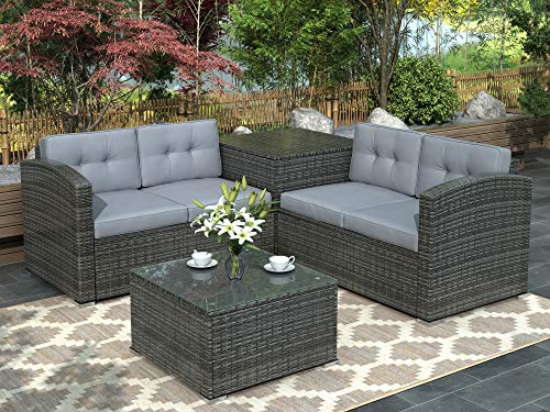 Leisure Zone 4 PCS Outdoor Cushioned PE Rattan Wicker Sectional Sofa Set Garden Patio Furniture ...