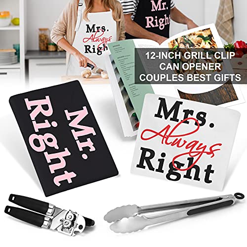 Mr & Mrs kitchen Apron set, Couple Cooking Aprons with Pockets, Engagement Gift, Wedding Anniversary, Bridal Shower Gift with a 12-Inch Grill Clip and Can Opener, Black & White Aprons 4 Piece