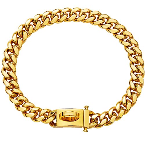 Stainless Steel Charm Metal Gold Chain Dog Collar with Buckle, Waterproof Anti-Chew Cuban Link Chain Bulldog Pendant Necklace Collar for Medium Large Dogs