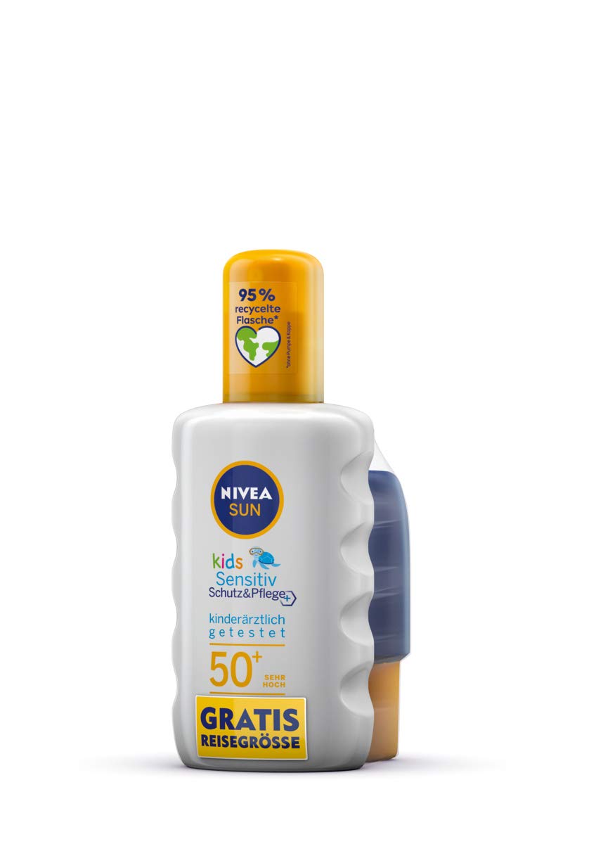 NIVEA SUN Kids Sensitive Protection & Care Sun Spray SPF 50+ Includes Travel Size (200 ml + 50 ml), Waterproof Sun Cream for Sensitive Children's Skin