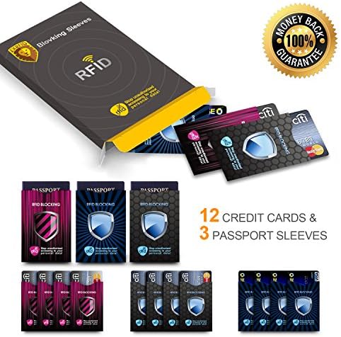 EXRFID 15 RFID Blocking Sleeves (12 Credit Card and 3 Passport Protectors)